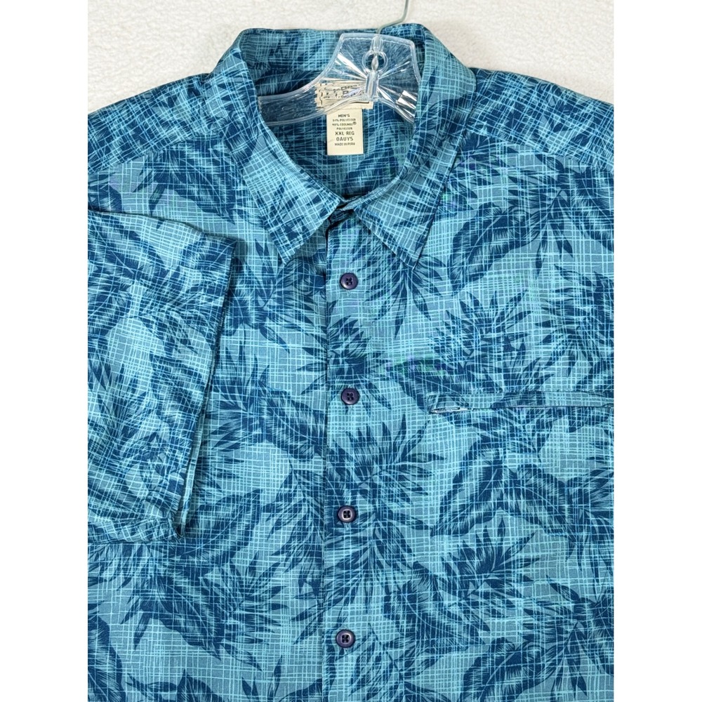 LL Bean Mens XXL Blue Tropical Palm Coolmax Short Sleeve Button Up Shirt 0AUY5